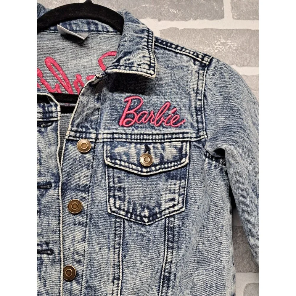 Barbie Girl's Blue Acid Wash Pink Embroidered Jean Denim Jacket Girl Size Medium